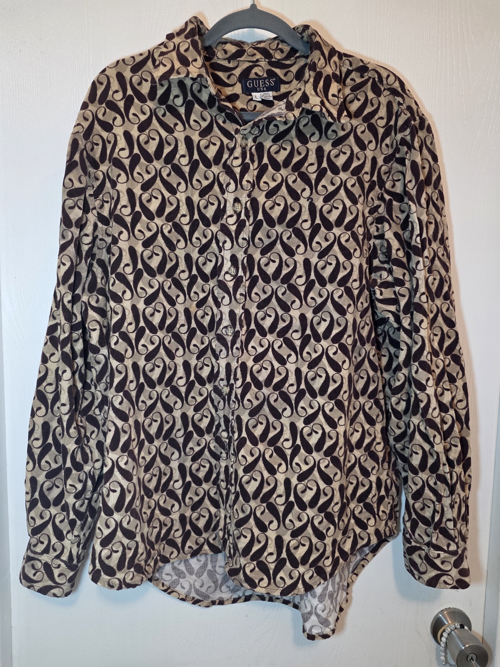 GUESS Vintage 90's Made In USA Men's Beige and Brown Patterned Button-Up Shirt